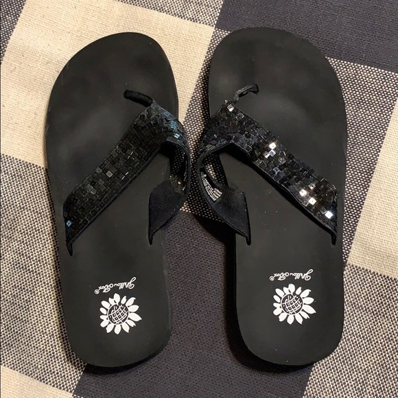 black sequin yellow box flip flops